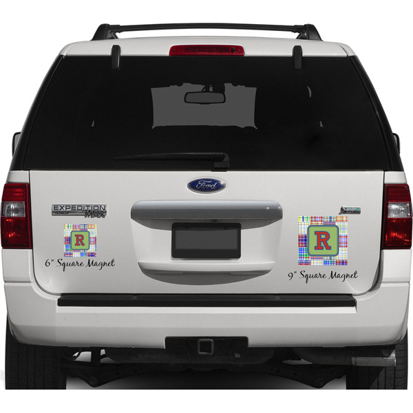 Blue Madras Plaid Print Personalized Square Car Magnets on Ford Explorer