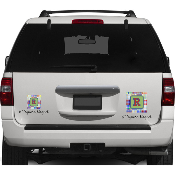 Blue Madras Plaid Print Personalized Square Car Magnets on Ford Explorer