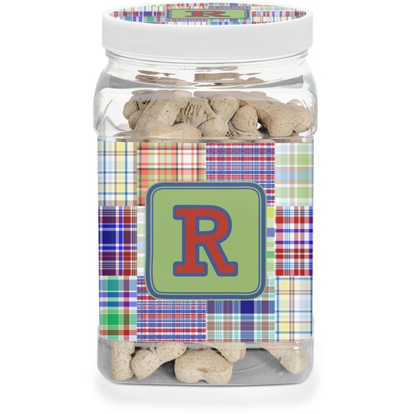 Custom Blue Madras Plaid Print Dog Treat Jar (Personalized)