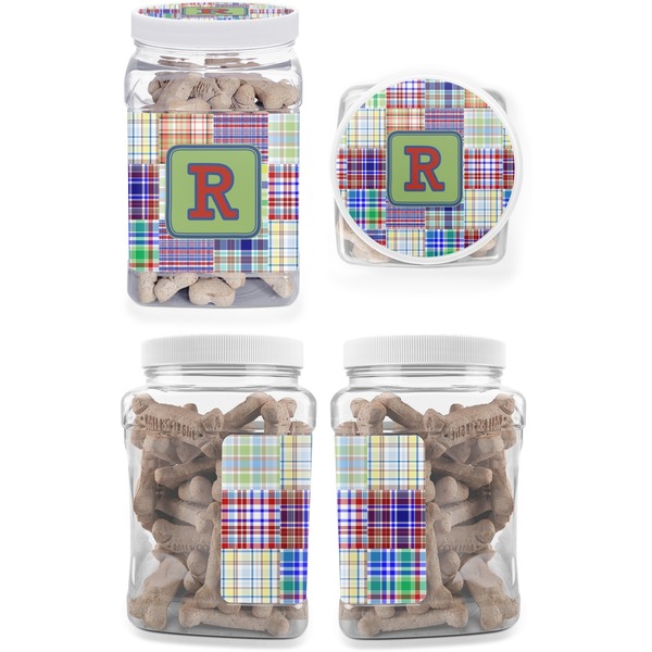 Blue Madras Plaid Print Pet Treat Jar - Multiple Angles