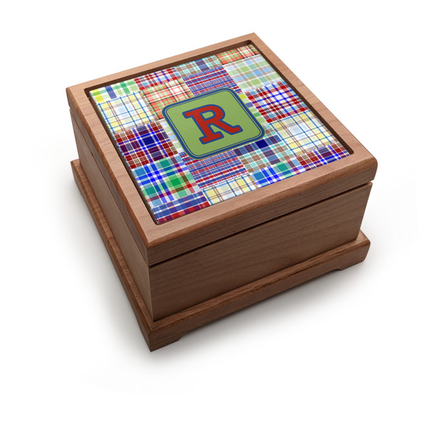 Custom Blue Madras Plaid Print Pet Urn w/ Initial