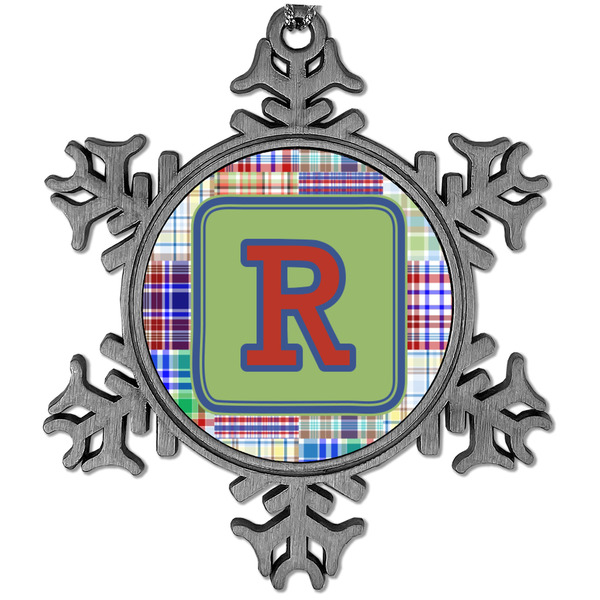 Custom Blue Madras Plaid Print Vintage Snowflake Ornament (Personalized)