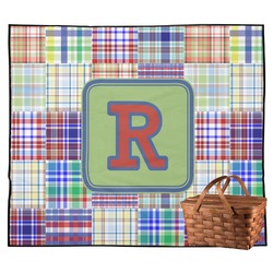 Blue Madras Plaid Print Outdoor Picnic Blanket (Personalized)