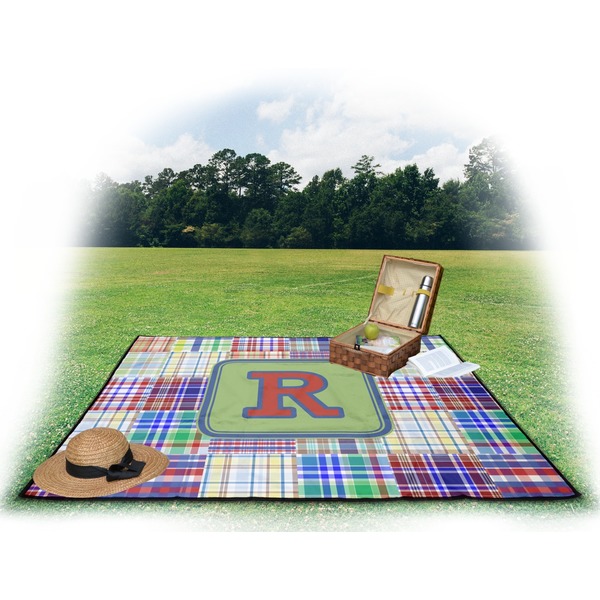 Blue Madras Plaid Print Picnic Blanket - with Basket Hat and Book - in Use