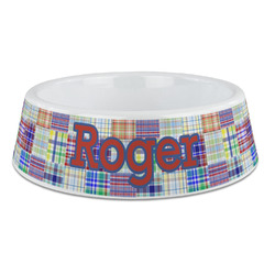 Blue Madras Plaid Print Plastic Dog Bowl - Large (Personalized)