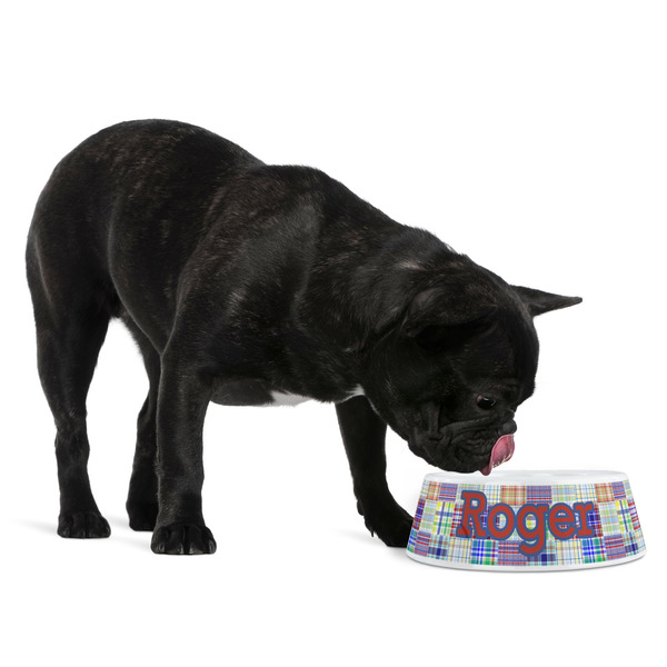 Blue Madras Plaid Print Plastic Pet Bowls - Medium - LIFESTYLE