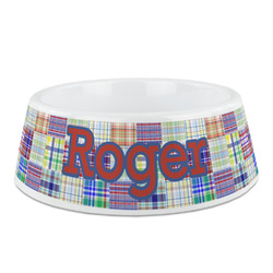 Blue Madras Plaid Print Plastic Dog Bowl (Personalized)