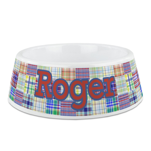 Custom Blue Madras Plaid Print Plastic Dog Bowl - Medium (Personalized)