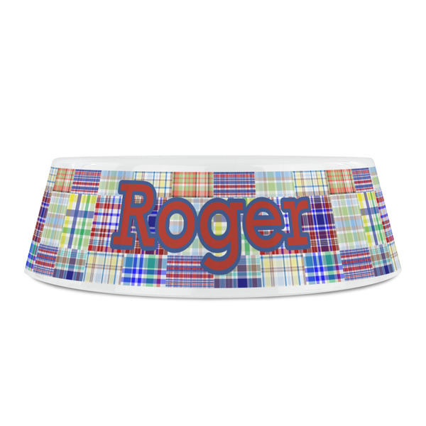 Blue Madras Plaid Print Plastic Pet Bowls - Small - FRONT