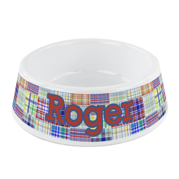 Custom Blue Madras Plaid Print Plastic Dog Bowl - Small (Personalized)