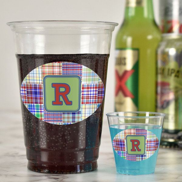 Blue Madras Plaid Print Plastic Shot Glasses - In Context