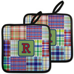 Blue Madras Plaid Print Pot Holders - Set of 2 w/ Initial