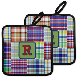 Blue Madras Plaid Print Pot Holders - Set of 2 w/ Initial