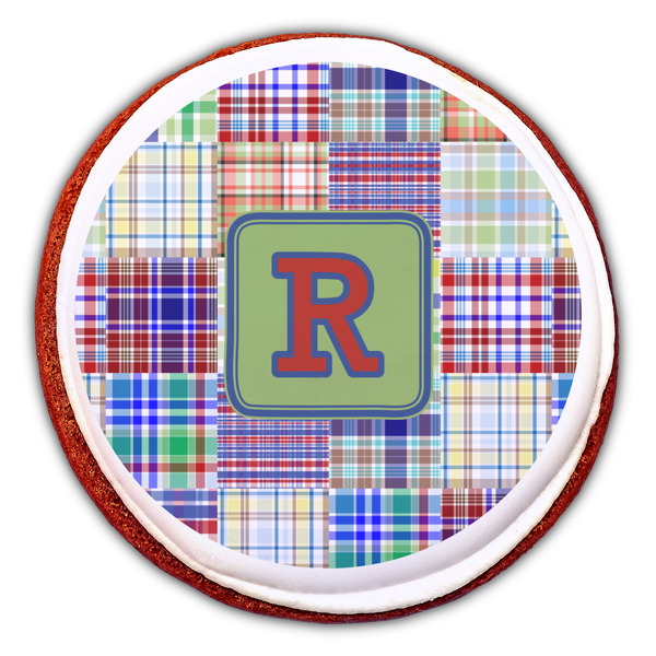 Blue Madras Plaid Print Printed Icing Circle - Large - On Cookie