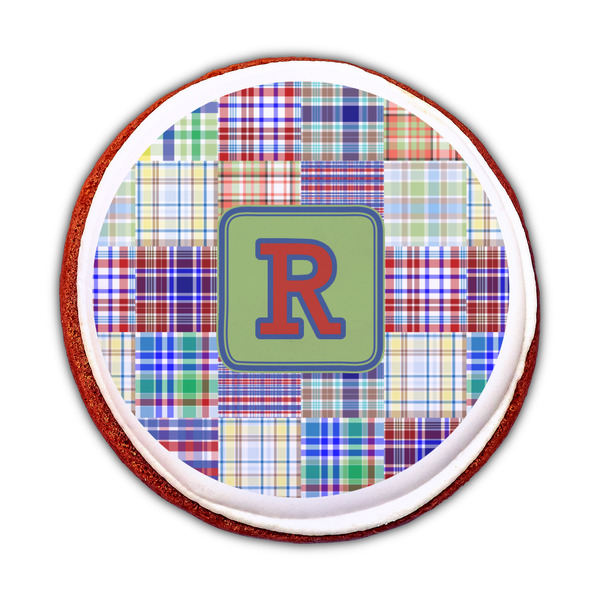 Blue Madras Plaid Print Printed Icing Circle - Medium - On Cookie