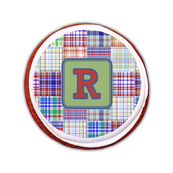 Blue Madras Plaid Print Printed Icing Circle - Small - On Cookie