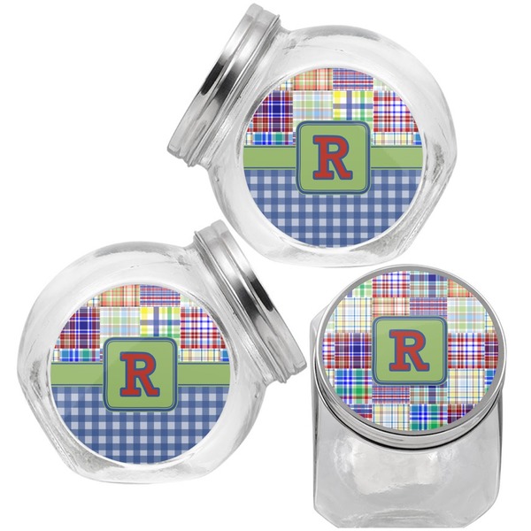 Blue Madras Plaid Print Puppy Treat Jar - Top Left Right