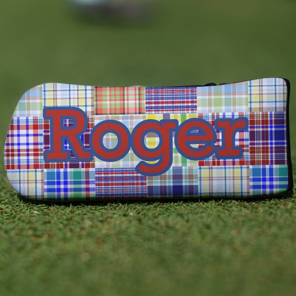 Custom Blue Madras Plaid Print Blade Putter Cover (Personalized)