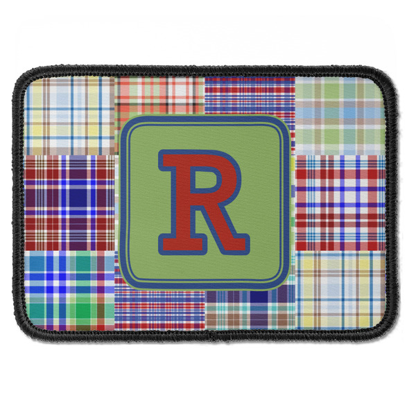 Custom Blue Madras Plaid Print Iron On Rectangle Patch w/ Initial