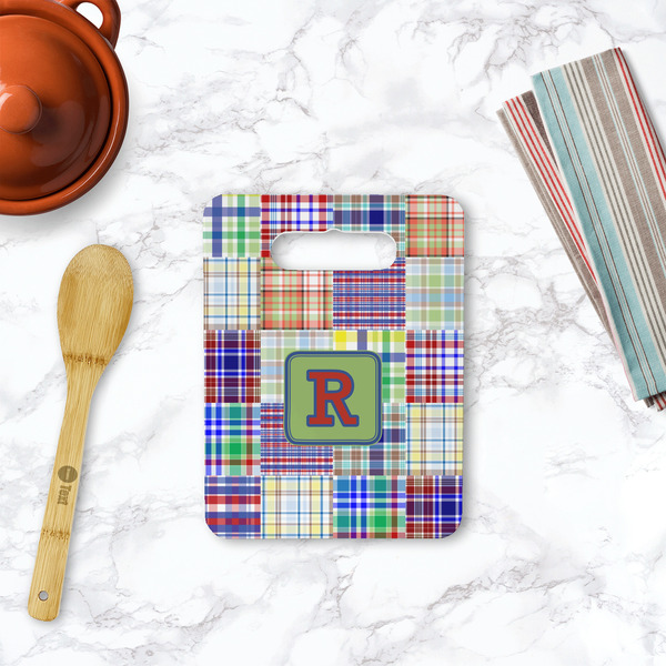 Blue Madras Plaid Print Rectangle Trivet with Handle - LIFESTYLE