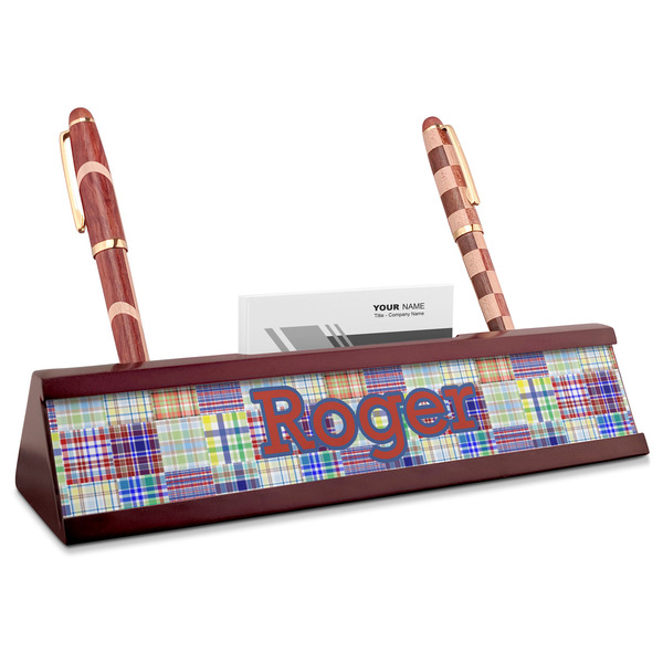 Custom Blue Madras Plaid Print Red Mahogany Nameplate with Business Card Holder (Personalized)