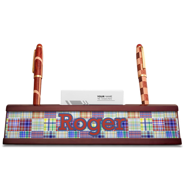 Blue Madras Plaid Print Red Mahogany Nameplates with Business Card Holder - Straight