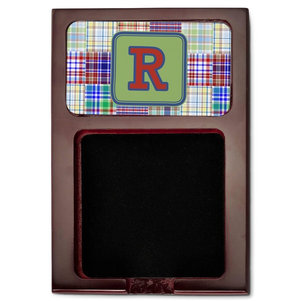 Blue Madras Plaid Print Red Mahogany Sticky Note Holder - Flat