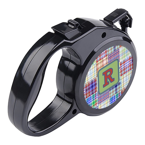 Blue Madras Plaid Print Retractable Dog Leash - Angle