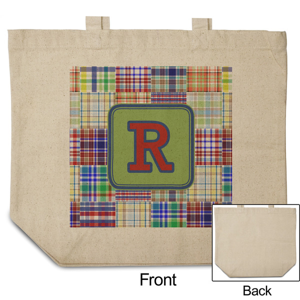 Blue Madras Plaid Print Reusable Cotton Grocery Bag - Front & Back View