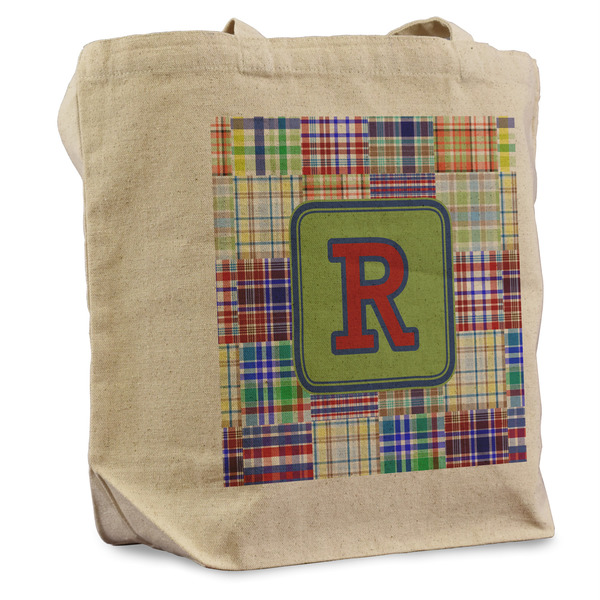 Custom Blue Madras Plaid Print Reusable Cotton Grocery Bag - Single (Personalized)