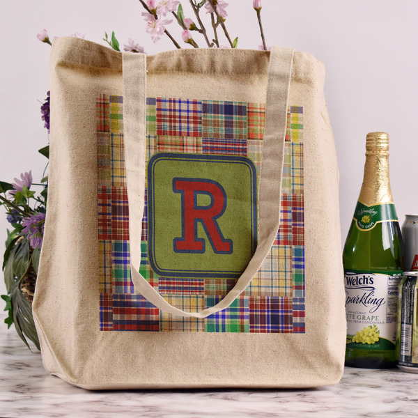 Blue Madras Plaid Print Reusable Cotton Grocery Bag - In Context