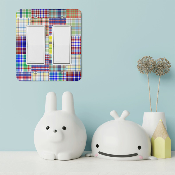 Blue Madras Plaid Print Rocker Light Switch Covers - Double - IN CONTEXT