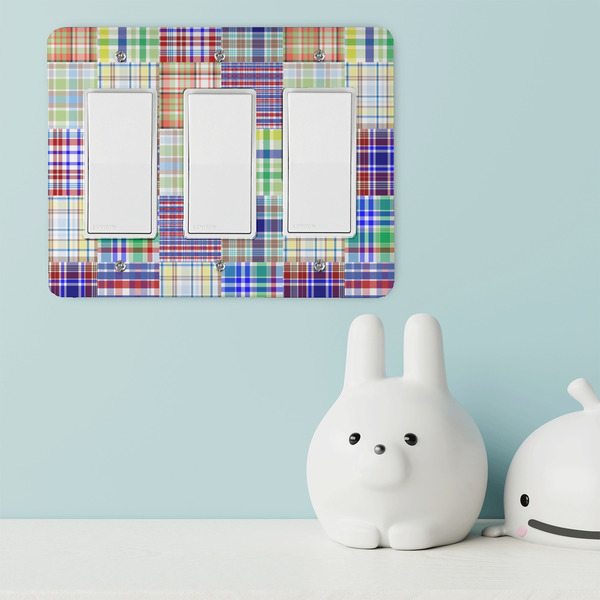 Blue Madras Plaid Print Rocker Light Switch Covers - Triple - IN CONTEXT