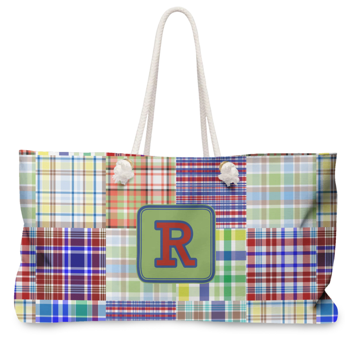 Custom Blue Madras Plaid Print Large Tote Bag with Rope Handles