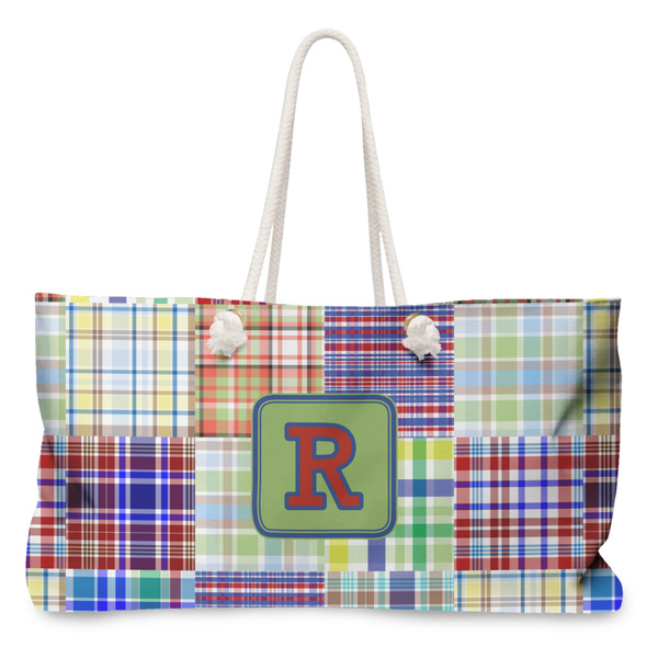 Custom Blue Madras Plaid Print Large Tote Bag with Rope Handles (Personalized)