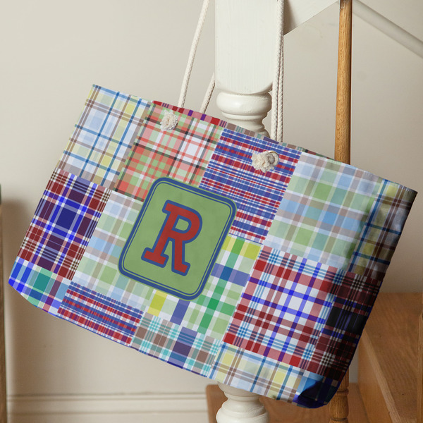 Blue Madras Plaid Print Large Rope Tote - Life Style