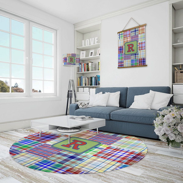 Blue Madras Plaid Print Round Area Rug - IN CONTEXT