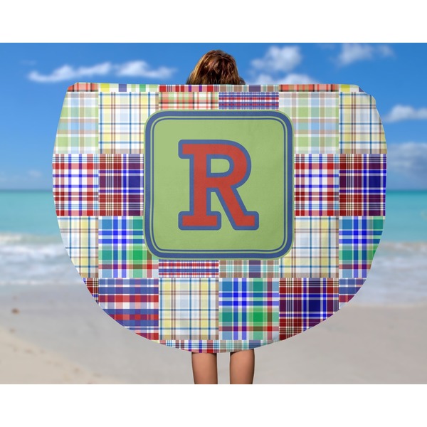 Blue Madras Plaid Print Round Beach Towel - In Use