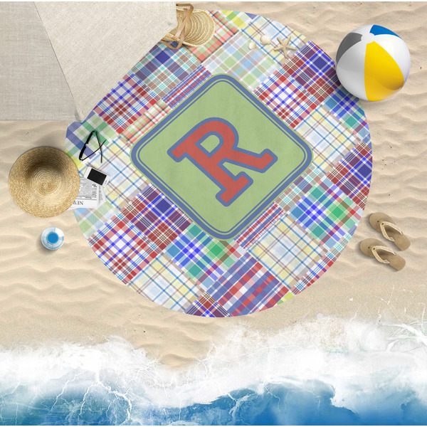 Blue Madras Plaid Print Round Beach Towel Lifestyle