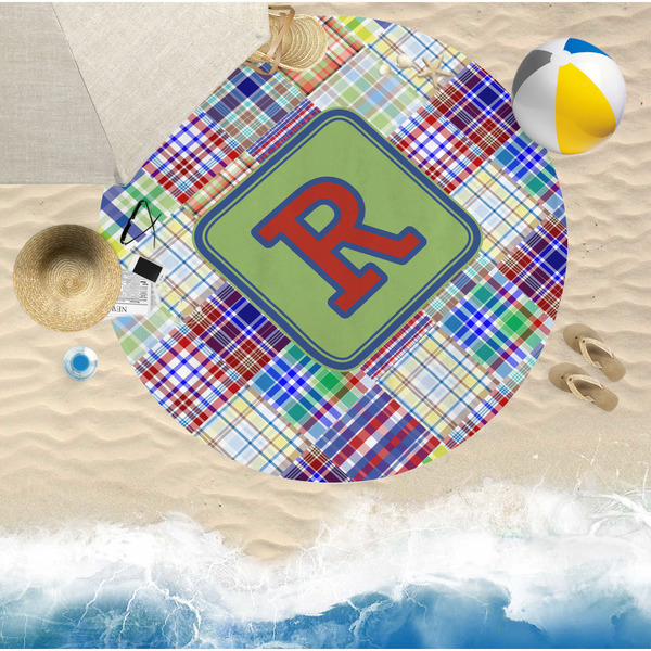 Blue Madras Plaid Print Round Beach Towel Lifestyle