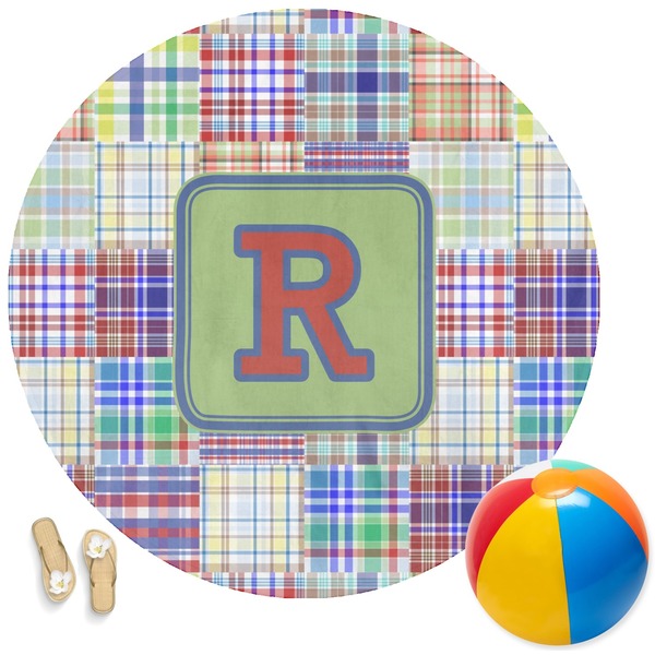 Custom Blue Madras Plaid Print Round Beach Towel (Personalized)