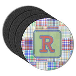 Blue Madras Plaid Print Round Rubber Backed Coasters - Set of 4 (Personalized)