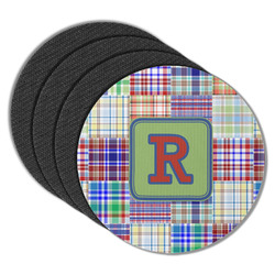 Blue Madras Plaid Print Round Rubber Backed Coasters - Set of 4 (Personalized)