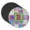 Blue Madras Plaid Print Round Rubber Backed Coasters - Set of 4 (Personalized)