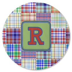 Blue Madras Plaid Print Round Rubber Backed Coaster (Personalized)