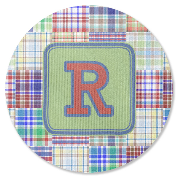 Custom Blue Madras Plaid Print Round Rubber Backed Coaster (Personalized)