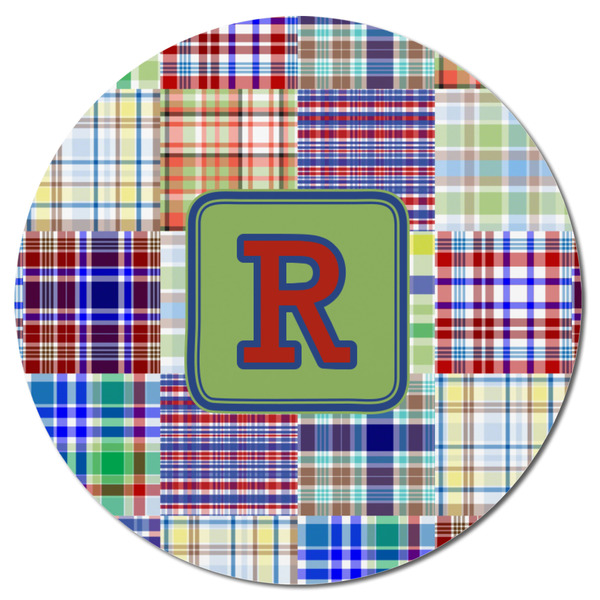 Blue Madras Plaid Print Round Fridge Magnet - FRONT
