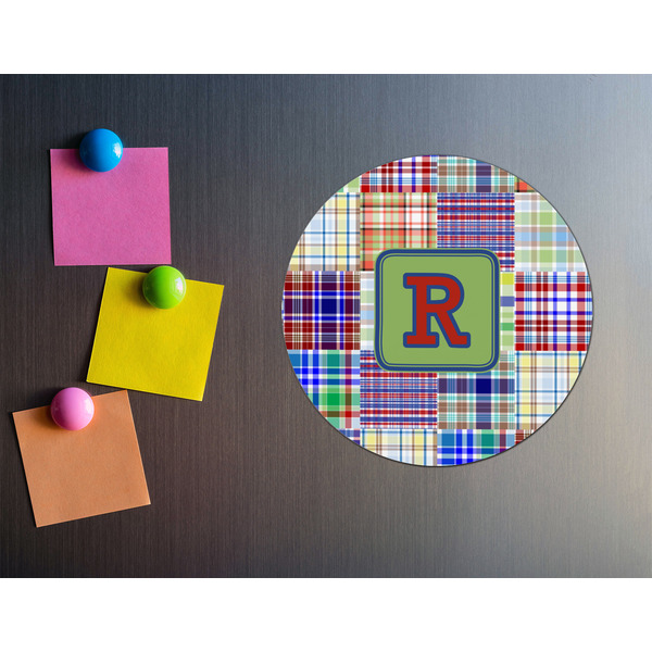 Blue Madras Plaid Print Round Fridge Magnet - LIFESTYLE