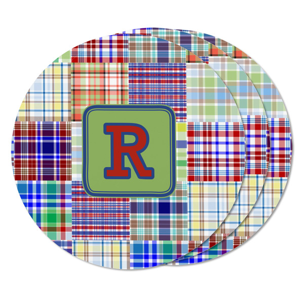 Blue Madras Plaid Print Round Fridge Magnet - THREE