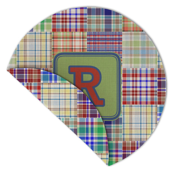 Blue Madras Plaid Print Round Linen Placemats - Front (folded corner double sided)